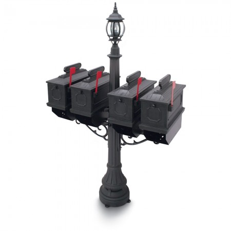 Illuminated Port Hill 1812 Quadruple Residential Mailboxes & Post - Black