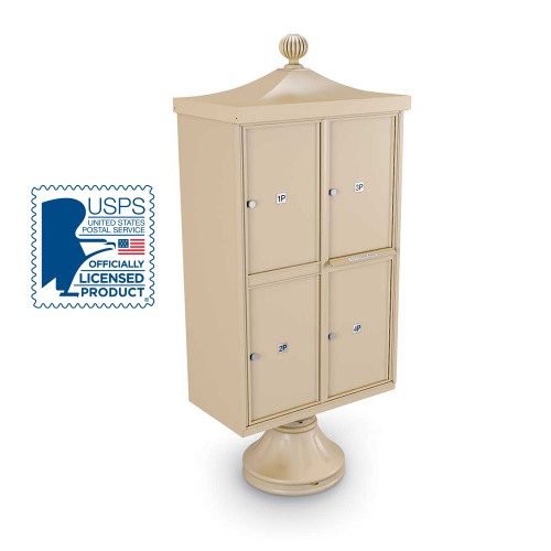 Decorative 4 Parcel Locker unit including Short Pedestal, Cap, and Ornamental Finial